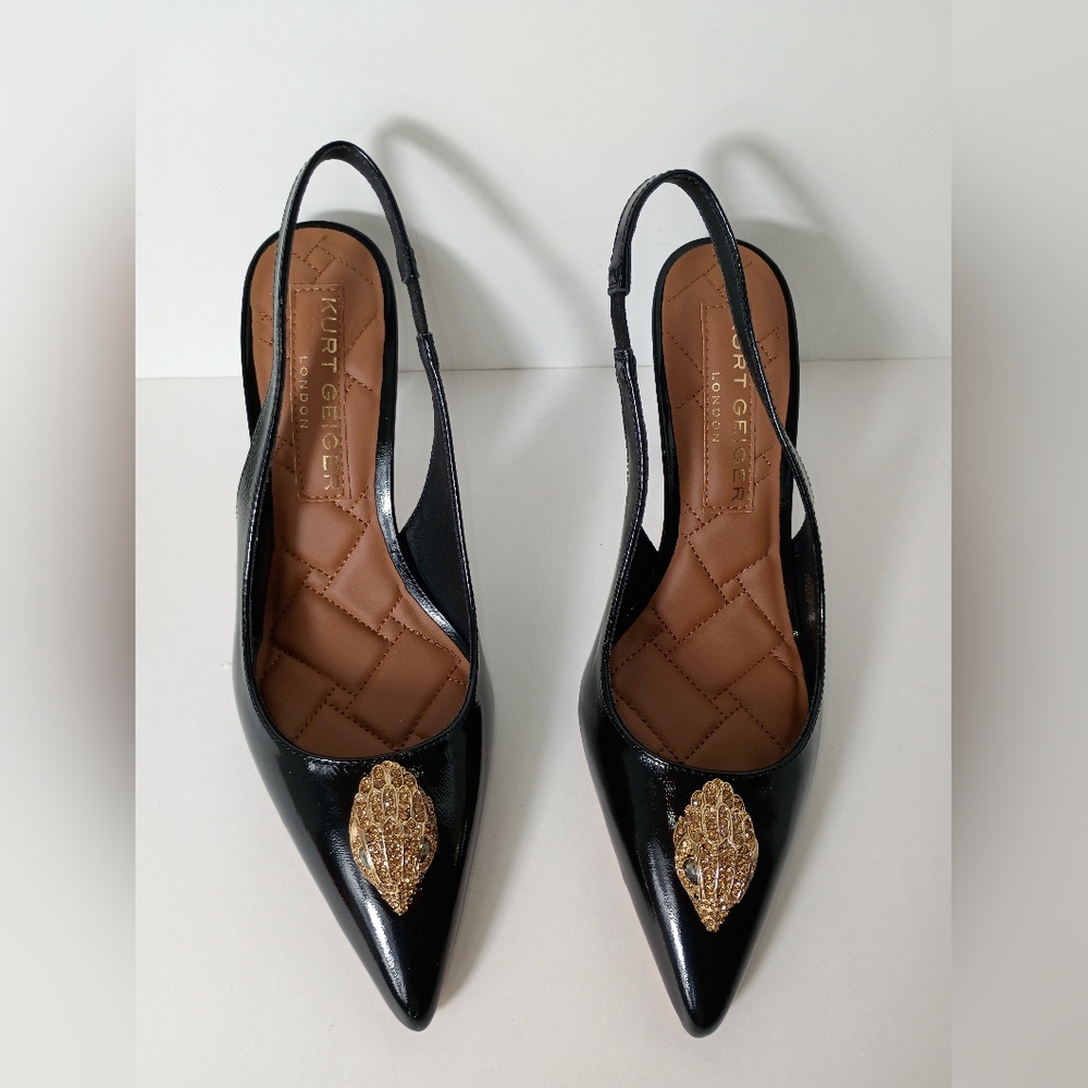 Kurt Geiger London Large Eagle Head Black Patent Leather Slingback Pumps - Picture 4 of 13